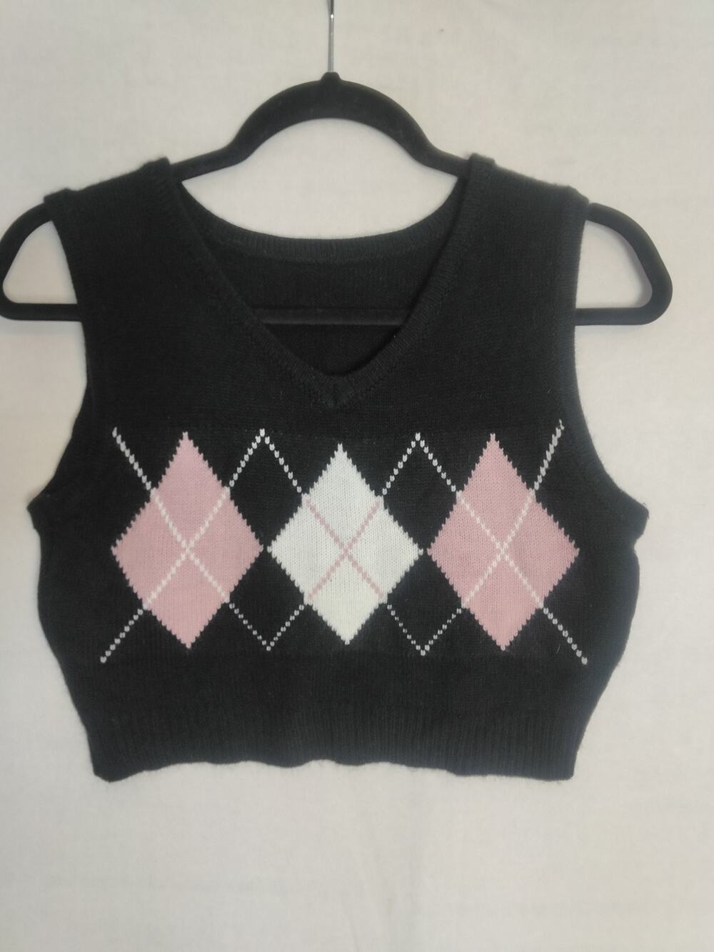 Y2K Inspired Cropped Argyle Vest Sz M Pink Preppy Elle Woods Academia Coquette
